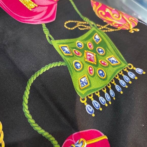 Vintage Talbots pure silk scarf black & gem tones large square handbags motif - Picture 9 of 10